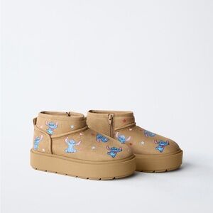 ZARA Kids Girls Lilo & Stitch Low Faux Fur Winter Boots Brown Sz Big Kids 4